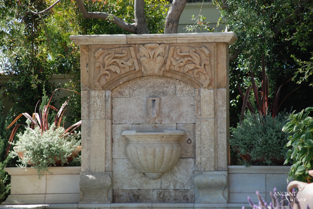 Ancient limestone, wall fountain, cascading water, design, tradition, Ancient surfaces, greek