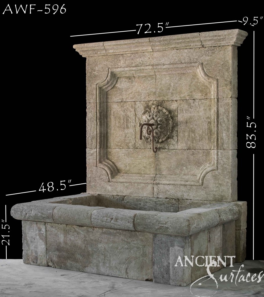 Reclaimed limestone wall fountains
Ancient Surfaces wall fountains
Antique limestone garden fountains
Historic reclaimed wall features
Hand-carved limestone water elements
Mediterranean wall fountain
Compact limestone fountain
Bacchus limestone wall fountain
Old-world limestone wall accents
Patina limestone architectural features
Timeless stone wall fountains
Rustic limestone courtyard fountains
Authentic reclaimed fountain craftsmanship
Luxury limestone wall water features