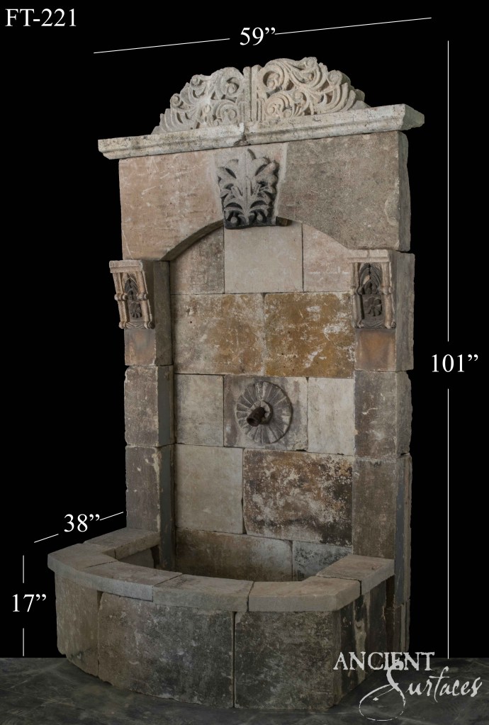 Reclaimed limestone wall fountains
Ancient Surfaces wall fountains
Antique limestone garden fountains
Historic reclaimed wall features
Hand-carved limestone water elements
Mediterranean wall fountain
Compact limestone fountain
Bacchus limestone wall fountain
Old-world limestone wall accents
Patina limestone architectural features
Timeless stone wall fountains
Rustic limestone courtyard fountains
Authentic reclaimed fountain craftsmanship
Luxury limestone wall water features