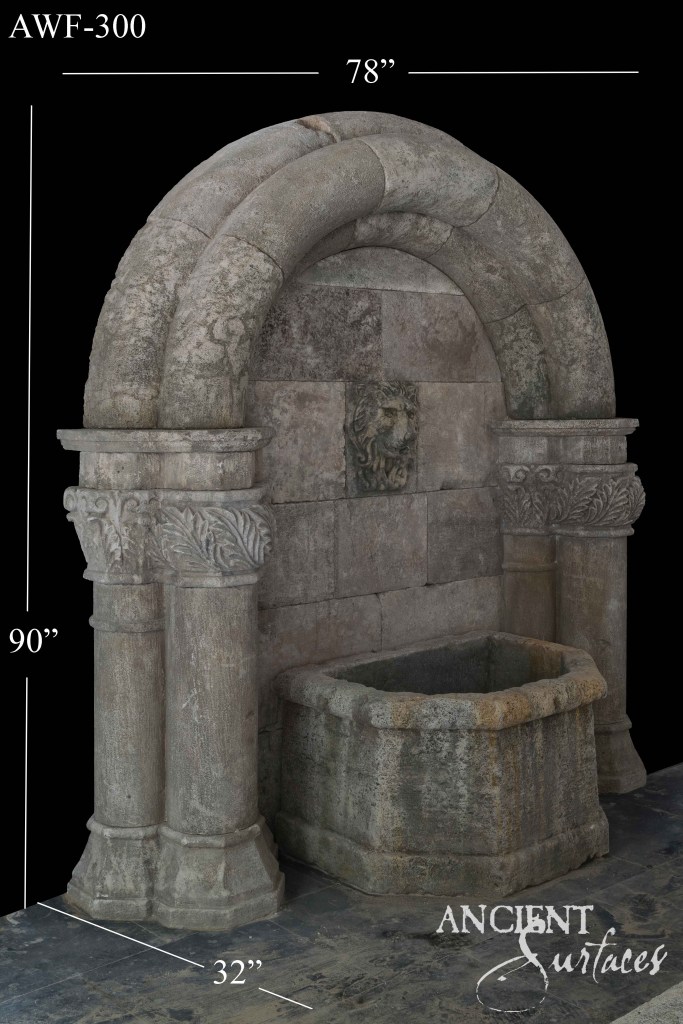 reclaimed limestone wall fountain
Ancient Surfaces wall fountain
antique limestone water feature
lion head limestone fountain
architectural stone wall fountain
baroque carved limestone basin
Mediterranean limestone wall fountain
Romanesque limestone spout
historic limestone fountain design
wall-mounted stone water feature
classical limestone garden element
sculptural reclaimed limestone
antique wall fountain series
limestone courtyard water fountain
reclaimed ancient limestone