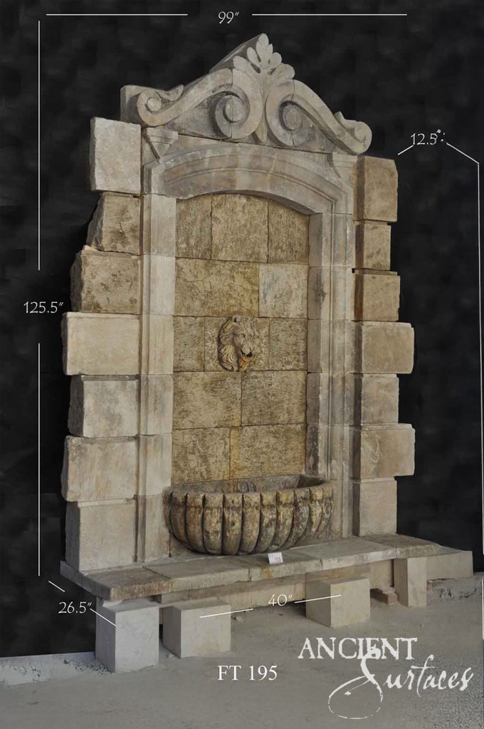 Reclaimed limestone wall fountains
Ancient Surfaces courtyard design
Antique stone garden fountains
Limestone lion spout water features
French limestone fountain basins
Historic limestone fountain restoration
Patina stone wall fountains
Mediterranean reclaimed limestone accents
Old World limestone garden decor
Provençal courtyard water fountains
Architectural antique limestone elements
Sculpted reclaimed limestone features
Hand-carved stone wall fountains
Rustic limestone wall basin