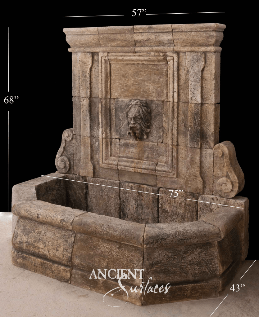 reclaimed limestone fountain
limestone wall fountain
ancient surfaces fountain
antique limestone water feature
historic limestone fountain
limestone garden fountain
carved stone wall fountain
weathered limestone fountain
lion head limestone fountain
European courtyard fountain
limestone architectural fountain
aged stone wall fountain
provincial limestone fountain
Roman style limestone fountain
hand-carved limestone wall feature